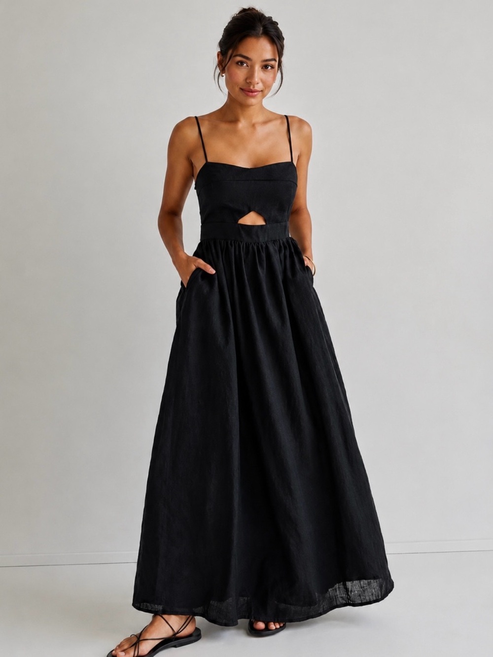 Commense Black Maxi Dress with Front Keyhole and Spaghetti Straps